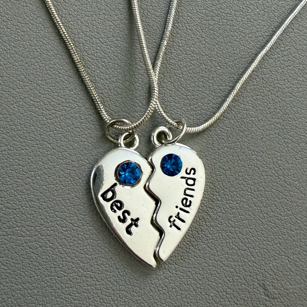 Silver Best Friends Heart Necklace Set with Blue Crystals